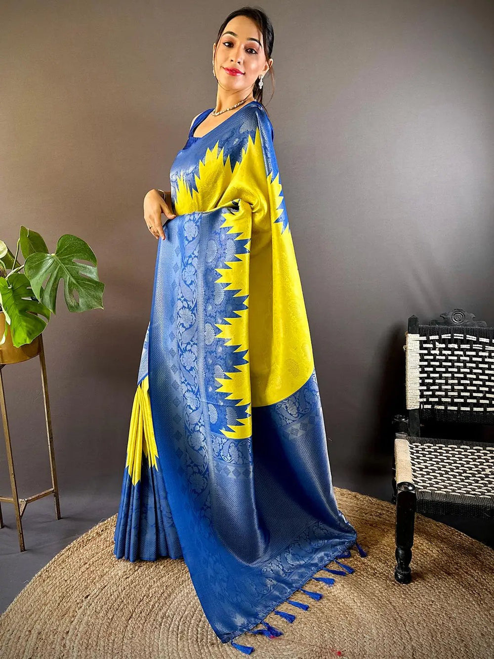 Royal Blue & Yellow Banarasi Silk Saree with Contrast Weaving
