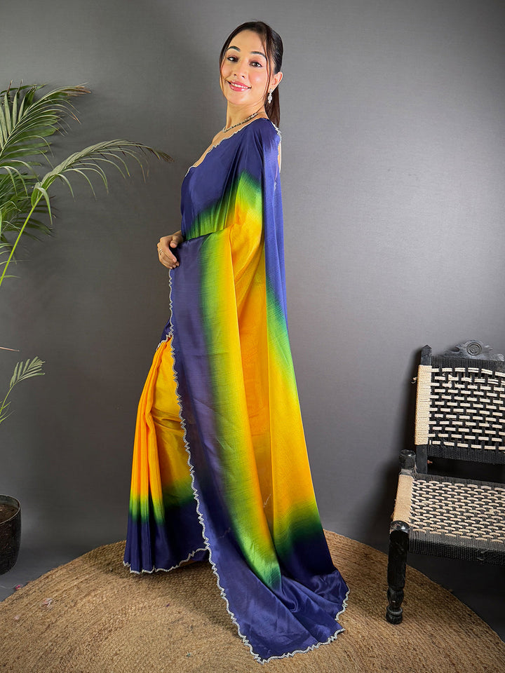 Navy Blue & Yellow Ombre Satin Silk Saree with Contrast Shaded Effect