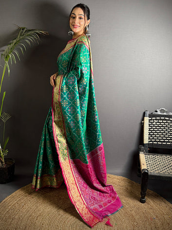 Green & Pink Patola Banarasi Silk Saree with Rich Zari Weaving