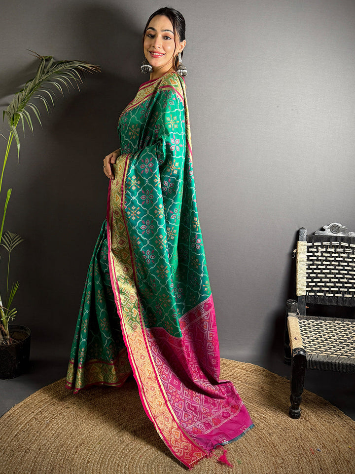 Green & Pink Patola Banarasi Silk Saree with Rich Zari Weaving