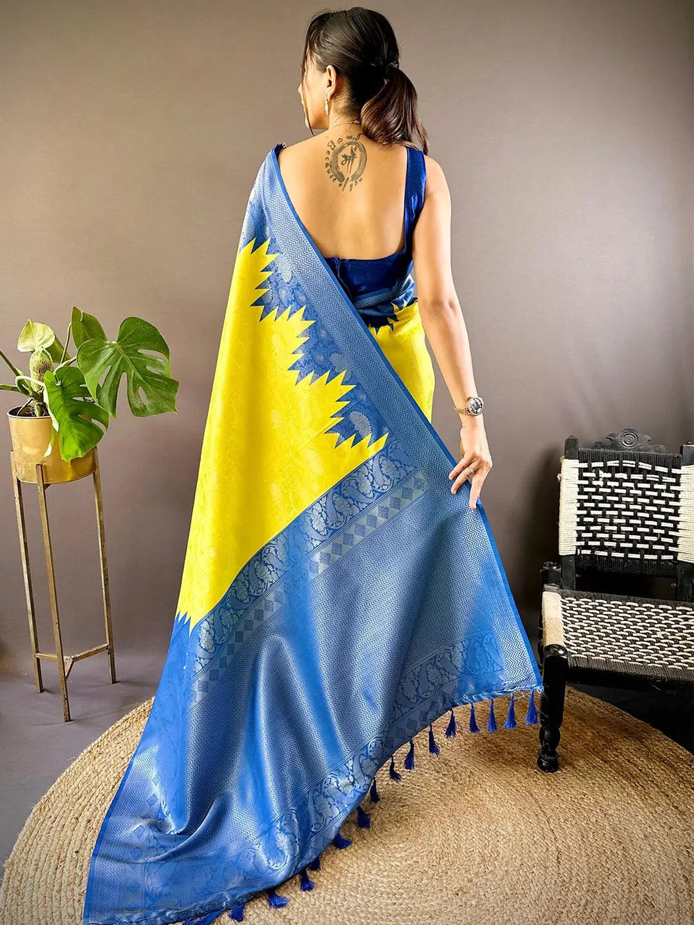 Royal Blue & Yellow Banarasi Silk Saree with Contrast Weaving