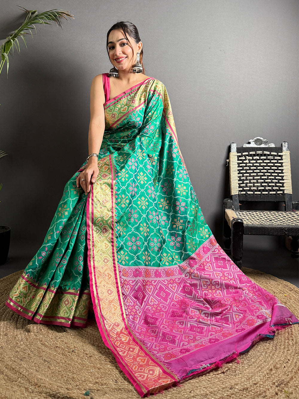 Green & Pink Patola Banarasi Silk Saree with Rich Zari Weaving