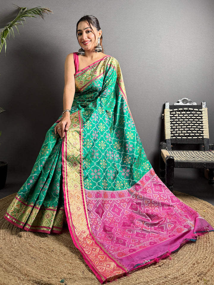 Green & Pink Patola Banarasi Silk Saree with Rich Zari Weaving
