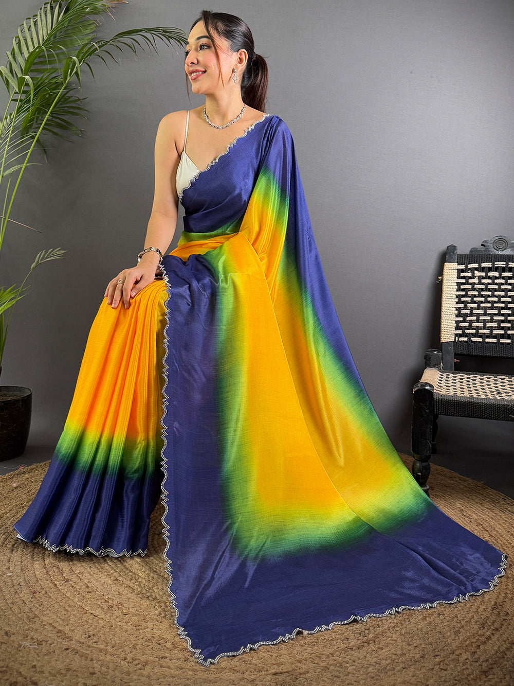 Navy Blue & Yellow Ombre Satin Silk Saree with Contrast Shaded Effect