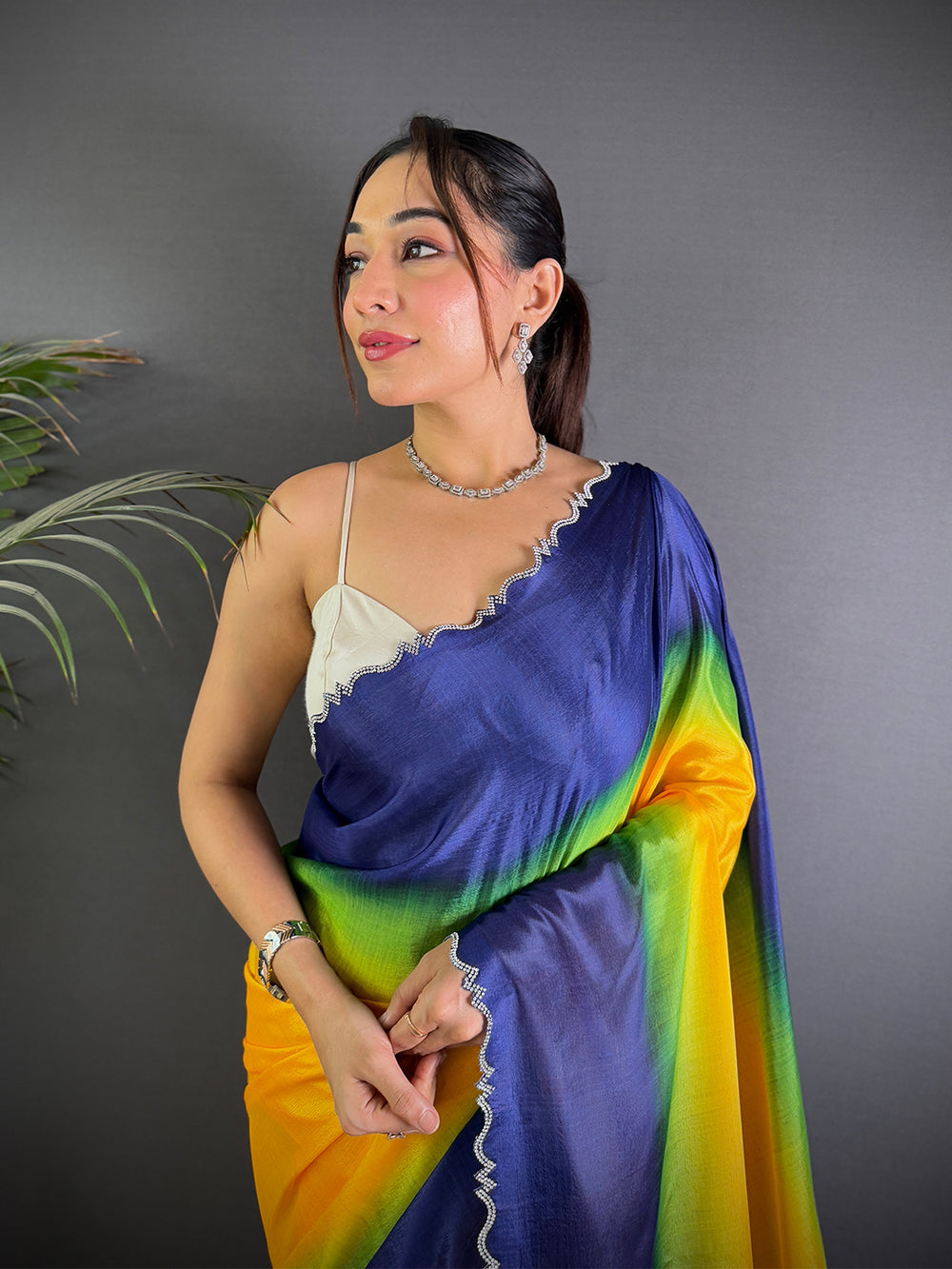 Navy Blue & Yellow Ombre Satin Silk Saree with Contrast Shaded Effect