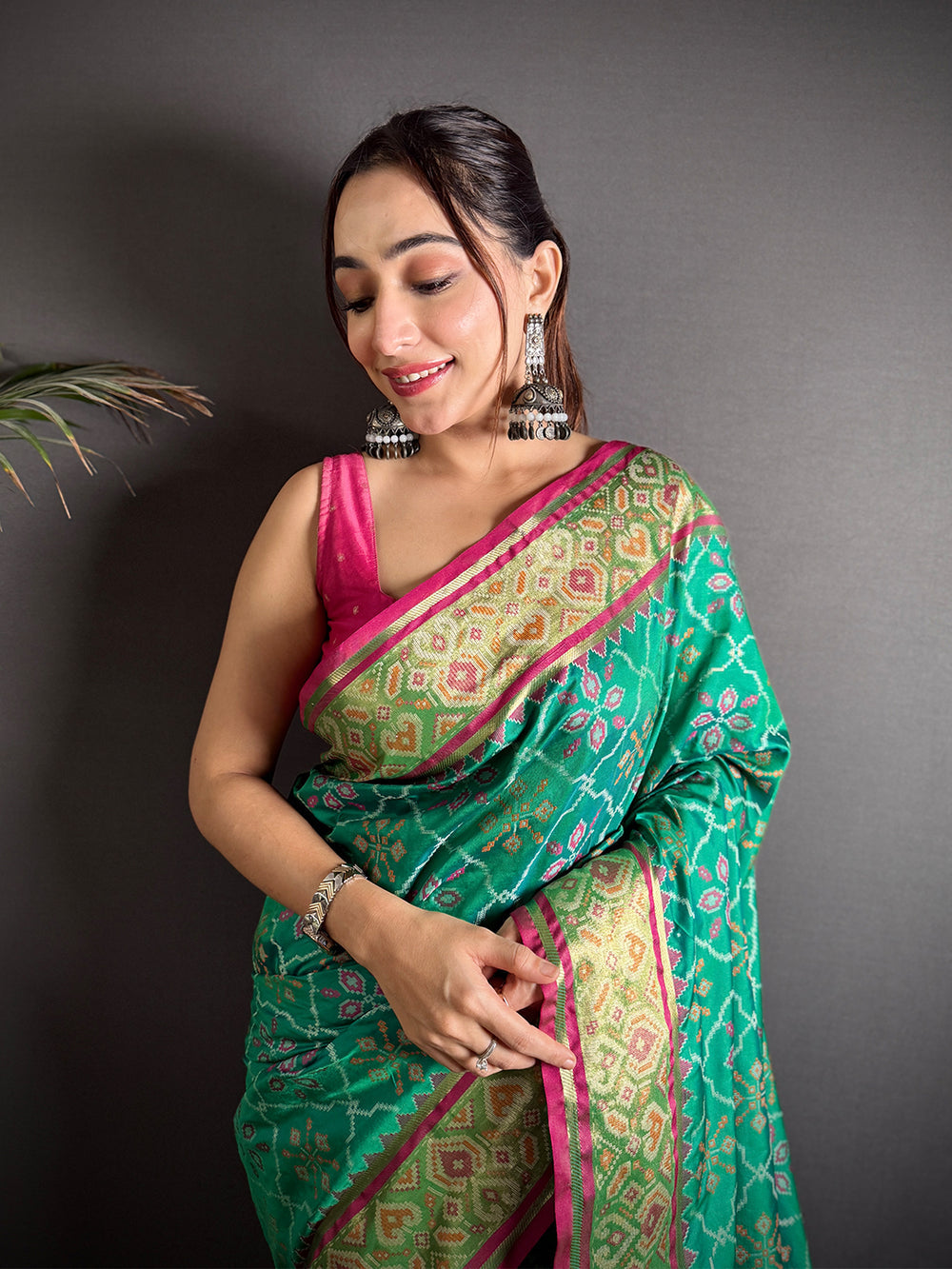Green & Pink Patola Banarasi Silk Saree with Rich Zari Weaving