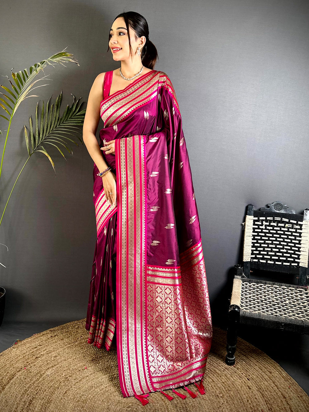 Magenta Pink Banarasi Silk Saree with Silver Zari Weaving & Contrast Border