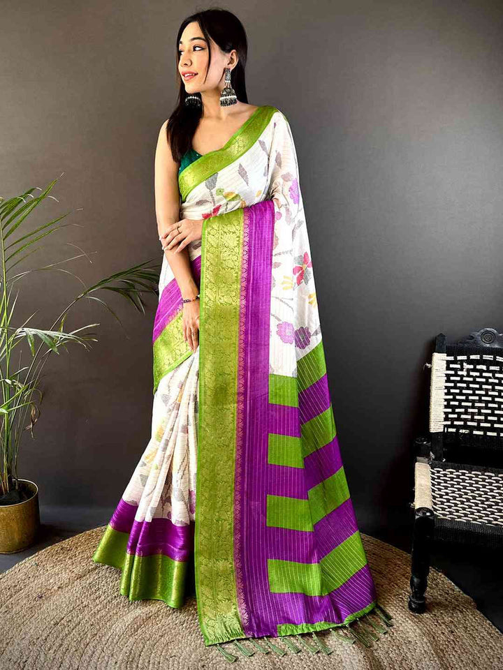 White Floral Printed Banarasi Silk Saree with Green & Purple Contrast Border