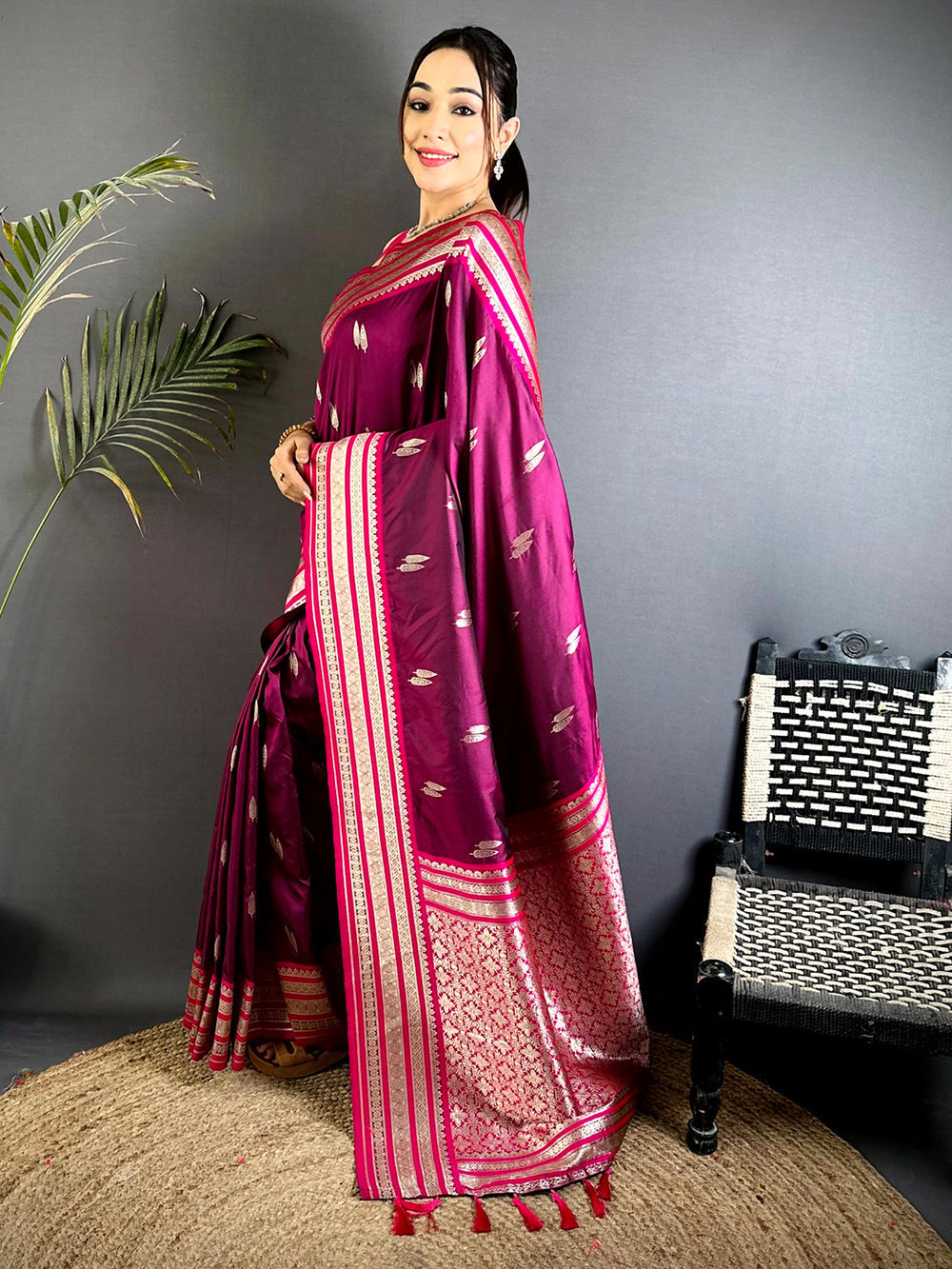 Magenta Pink Banarasi Silk Saree with Silver Zari Weaving & Contrast Border