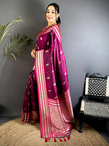 Magenta Pink Banarasi Silk Saree with Silver Zari Weaving & Contrast Border