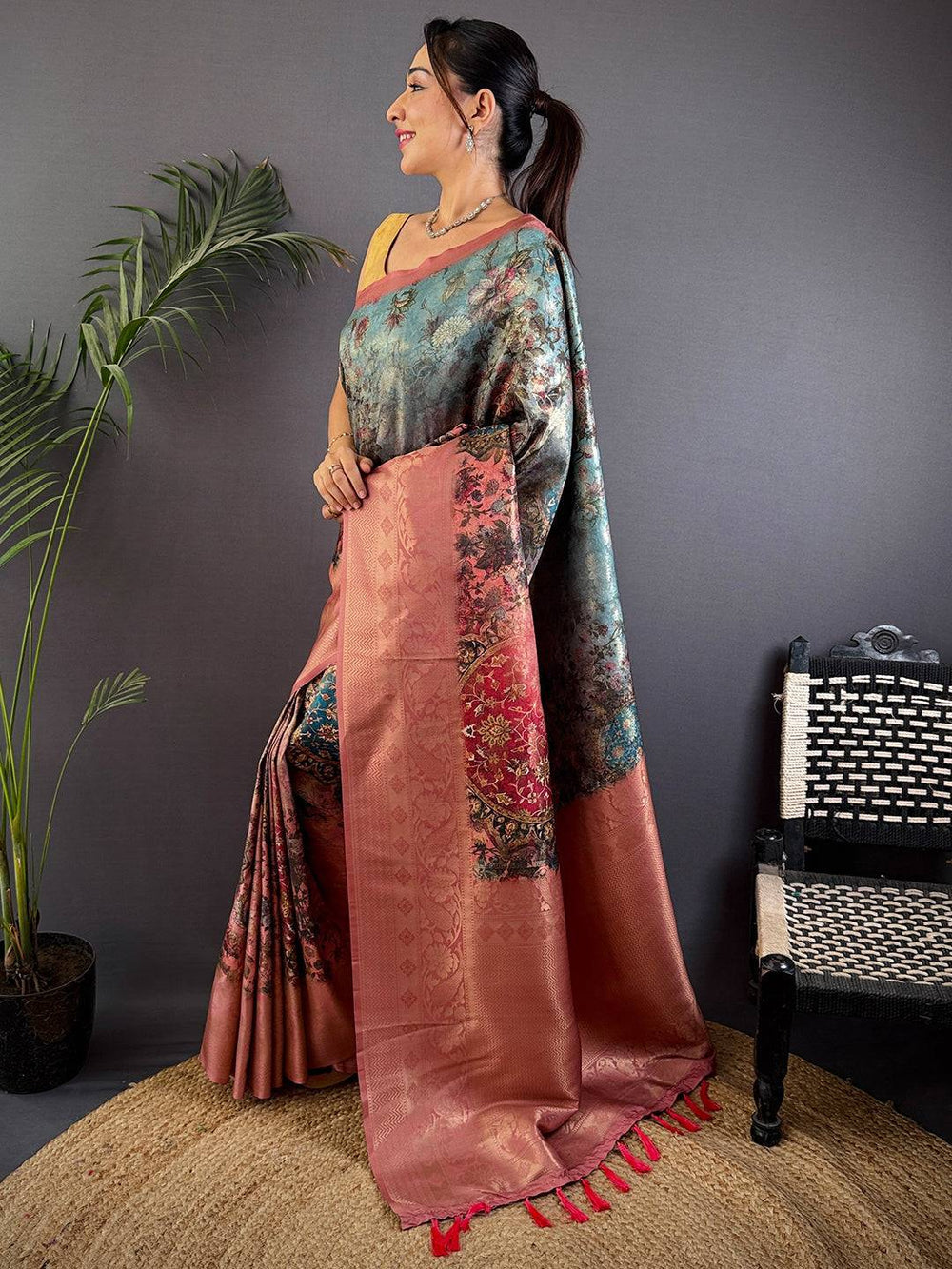 Dusty Rose & Teal Banarasi Silk Saree with Vintage Floral Weave