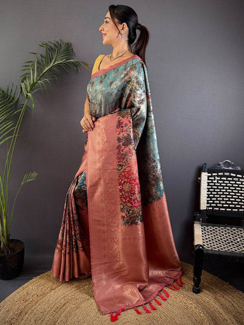 Dusty Rose & Teal Banarasi Silk Saree with Vintage Floral Weave
