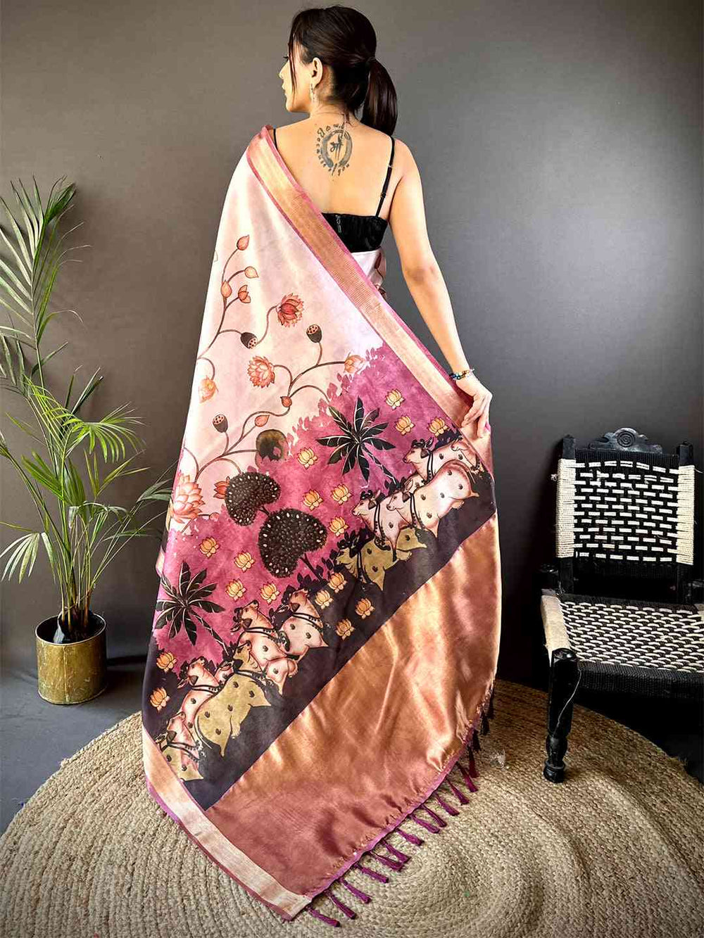 Blush Pink Soft Silk Saree with Artistic Cow & Lotus Print