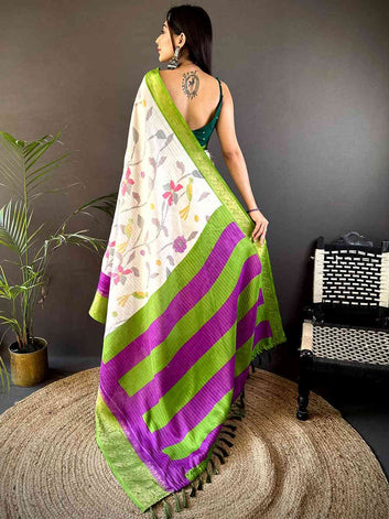 White Floral Printed Banarasi Silk Saree with Green & Purple Contrast Border