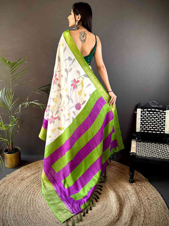 White Floral Printed Banarasi Silk Saree with Green & Purple Contrast Border