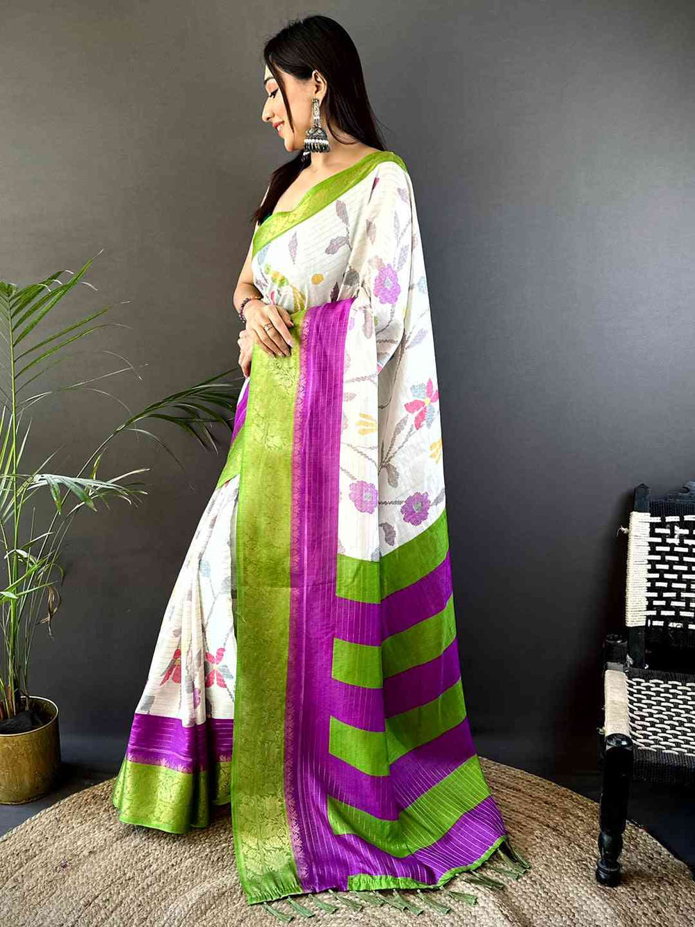 White Floral Printed Banarasi Silk Saree with Green & Purple Contrast Border