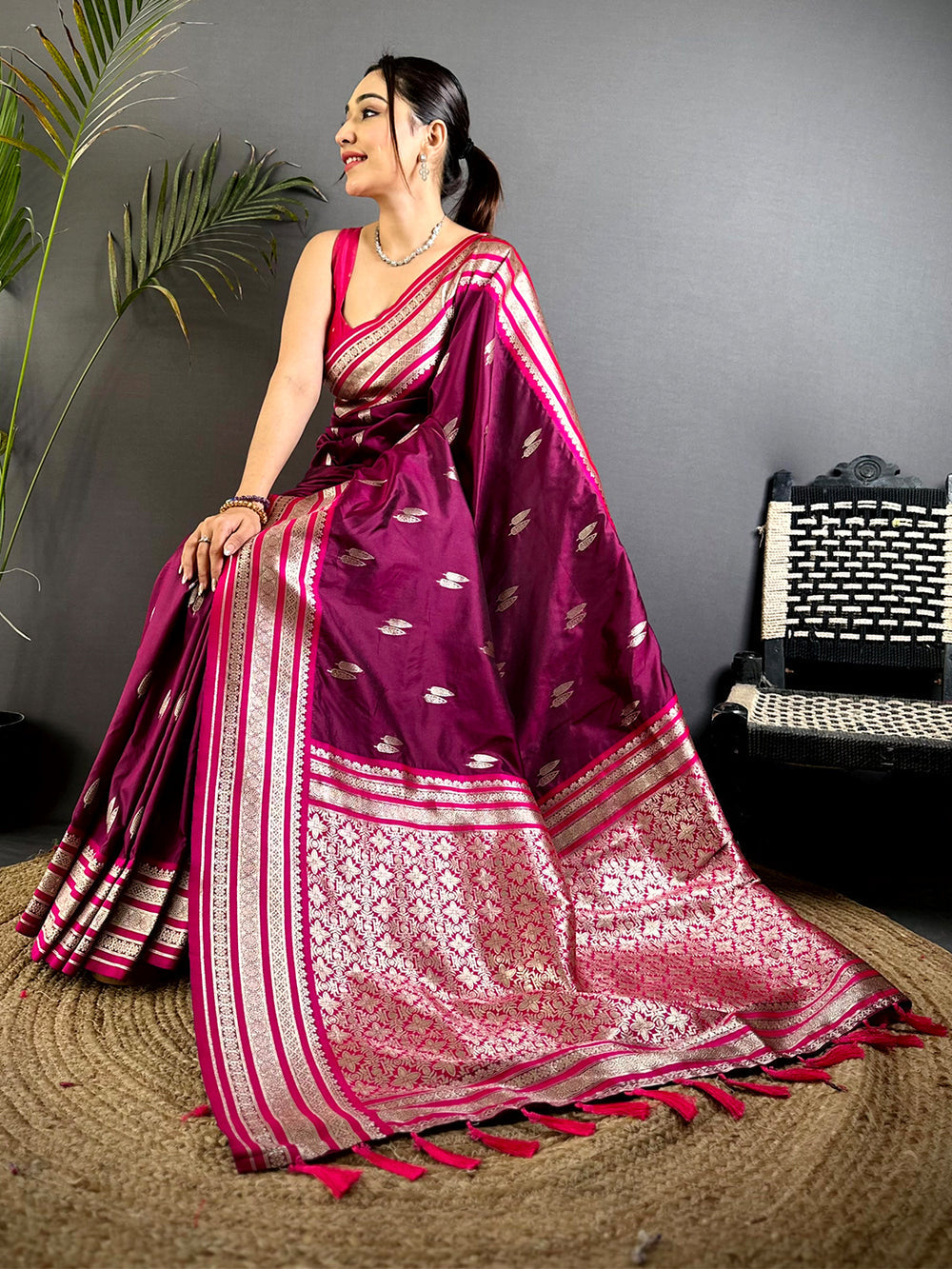 Magenta Pink Banarasi Silk Saree with Silver Zari Weaving & Contrast Border