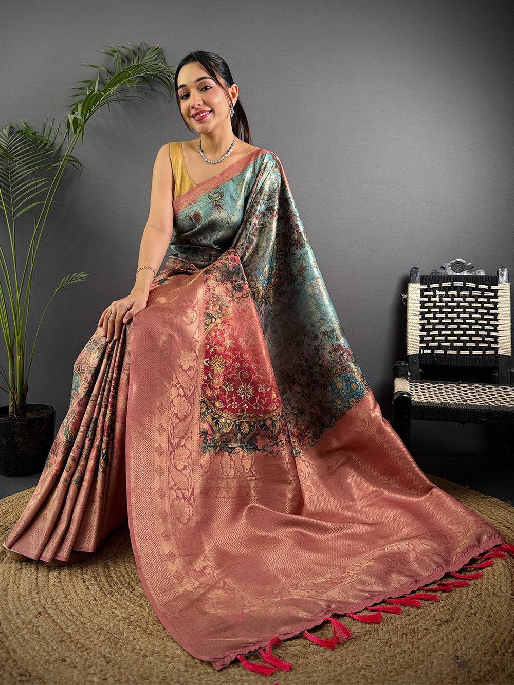 Dusty Rose & Teal Banarasi Silk Saree with Vintage Floral Weave