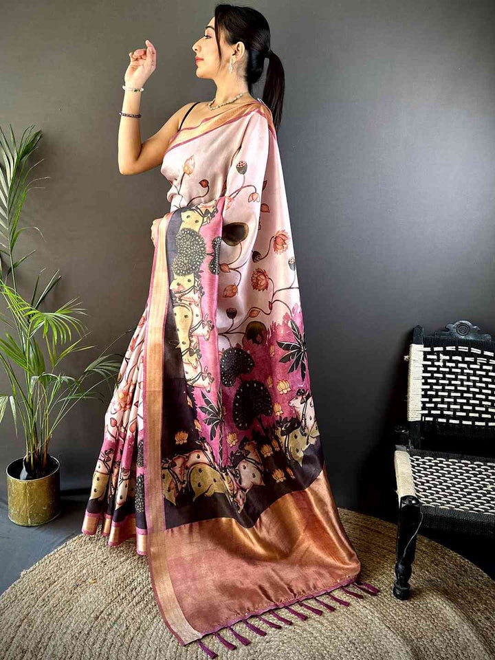 Blush Pink Soft Silk Saree with Artistic Cow & Lotus Print