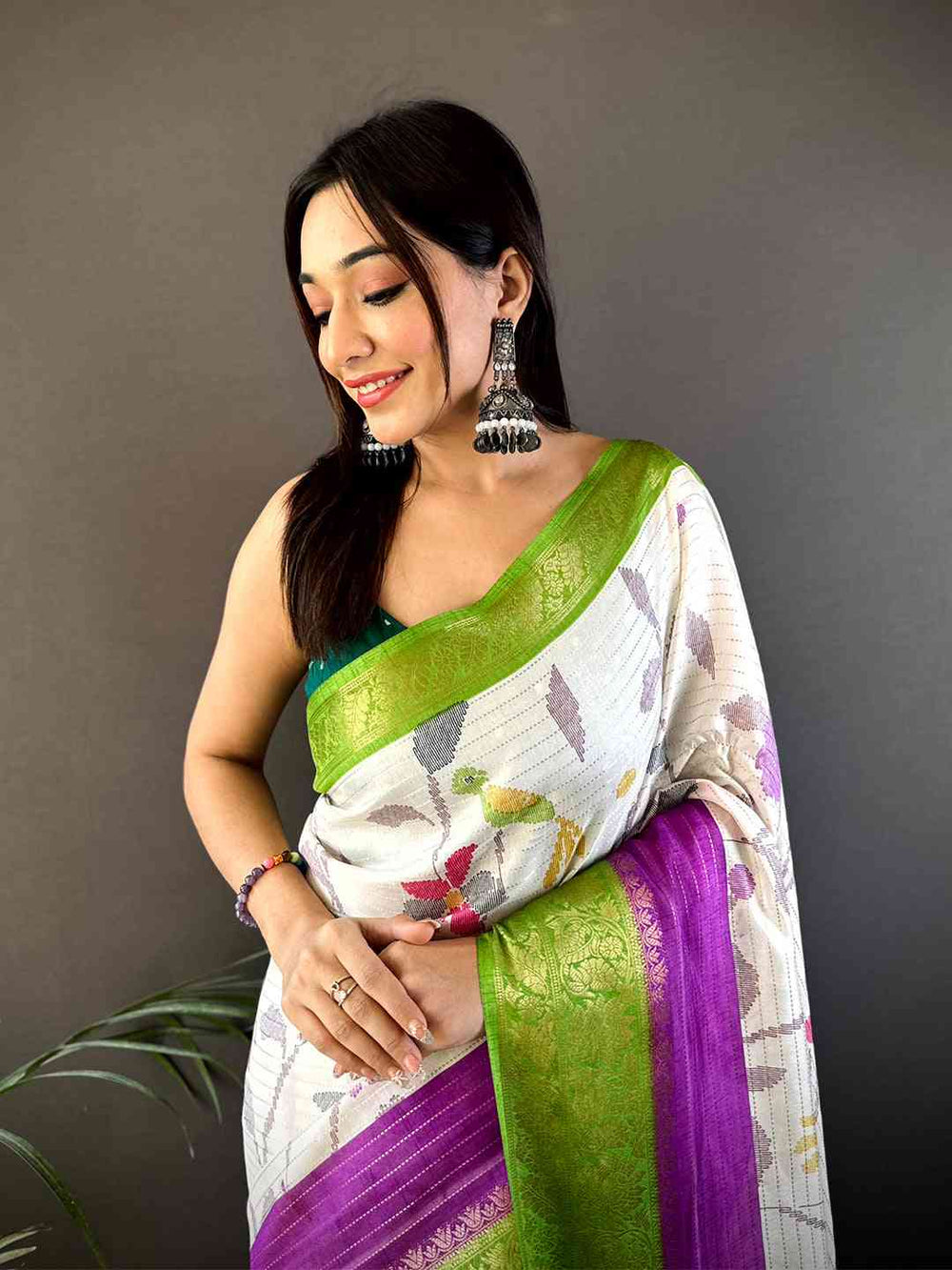 White Floral Printed Banarasi Silk Saree with Green & Purple Contrast Border
