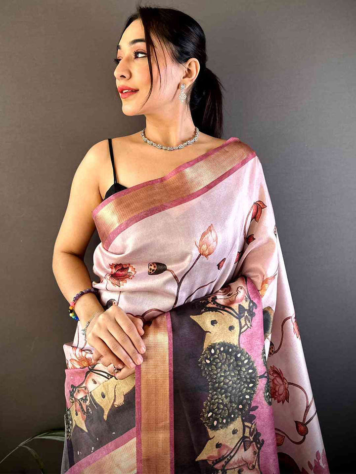 Blush Pink Soft Silk Saree with Artistic Cow & Lotus Print