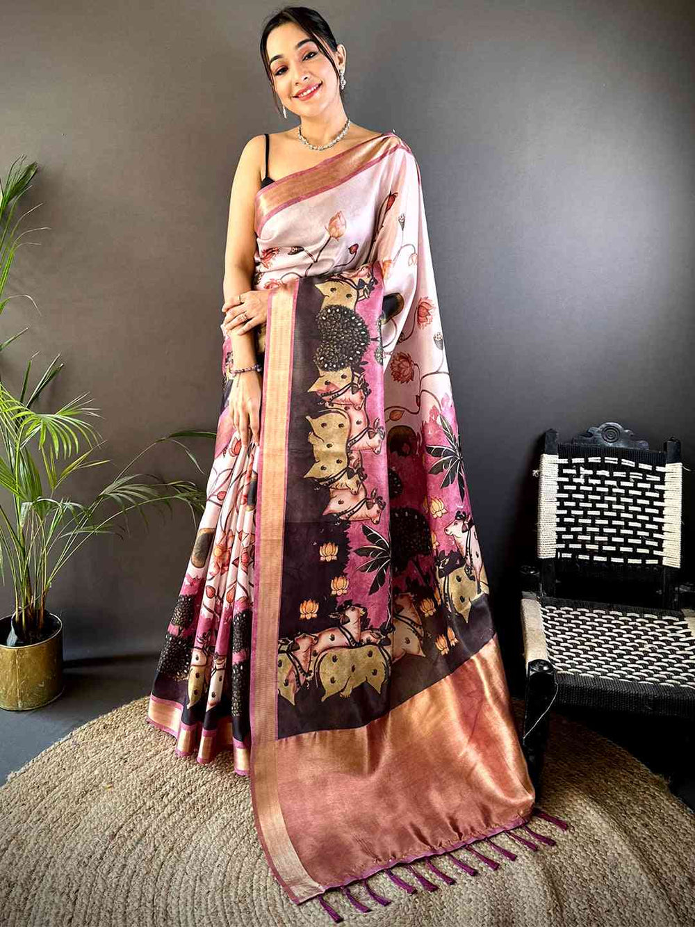 Blush Pink Soft Silk Saree with Artistic Cow & Lotus Print