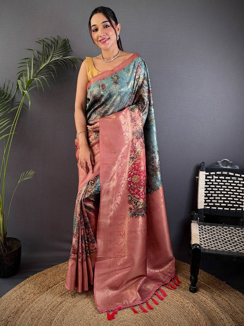 Dusty Rose & Teal Banarasi Silk Saree with Vintage Floral Weave