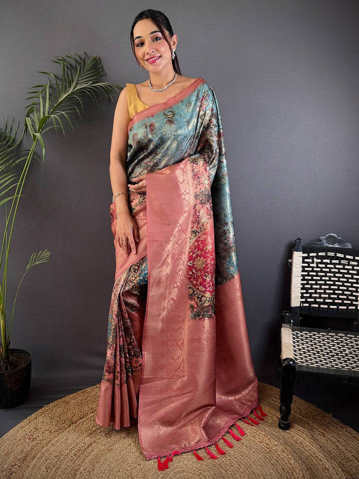 Dusty Rose & Teal Banarasi Silk Saree with Vintage Floral Weave