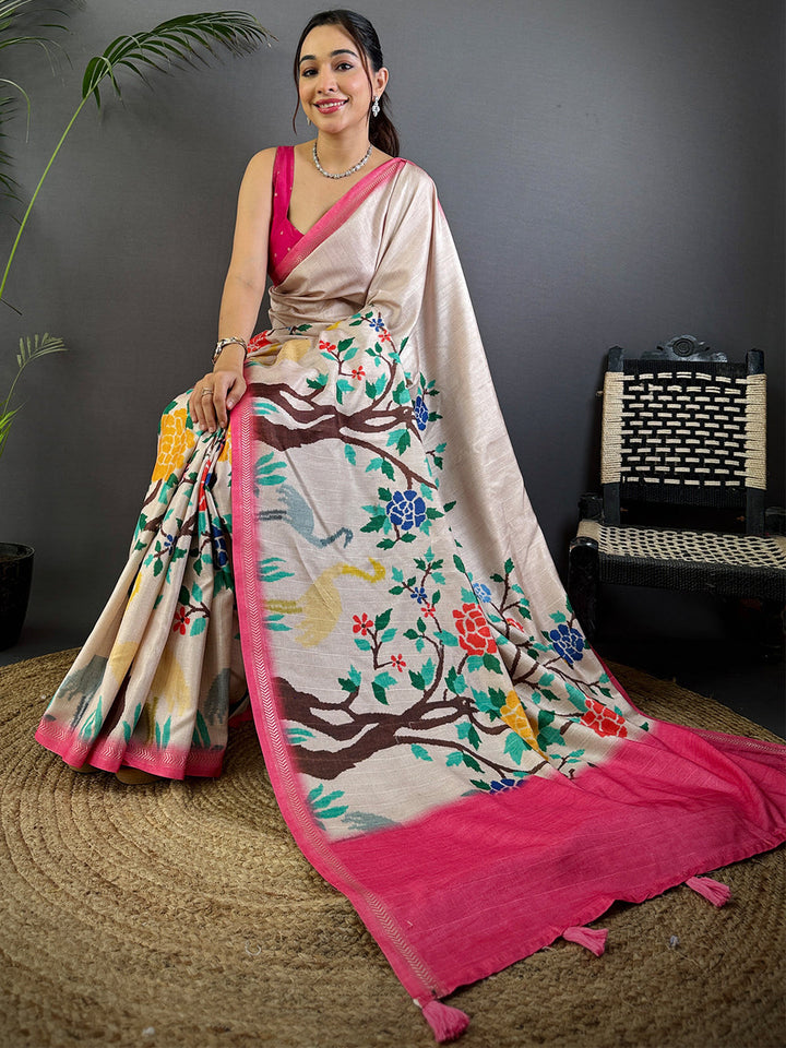 Cream Soft Silk Saree with Multicolor Floral Tree Print & Pink Border