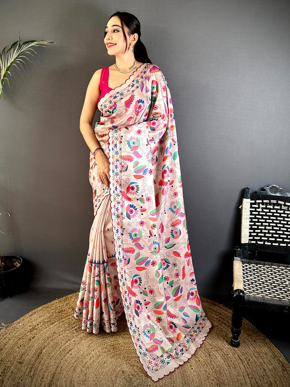 Blush Pink Soft Silk Saree with Multicolor Madhubani Print & Scallop Border