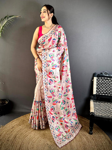 Blush Pink Soft Silk Saree with Multicolor Madhubani Print & Scallop Border