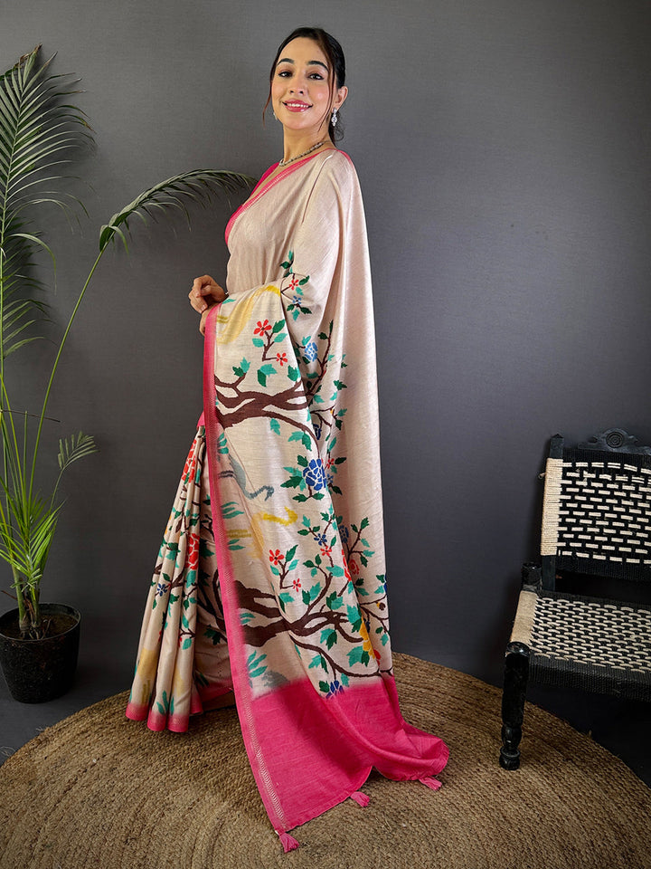 Cream Soft Silk Saree with Multicolor Floral Tree Print & Pink Border