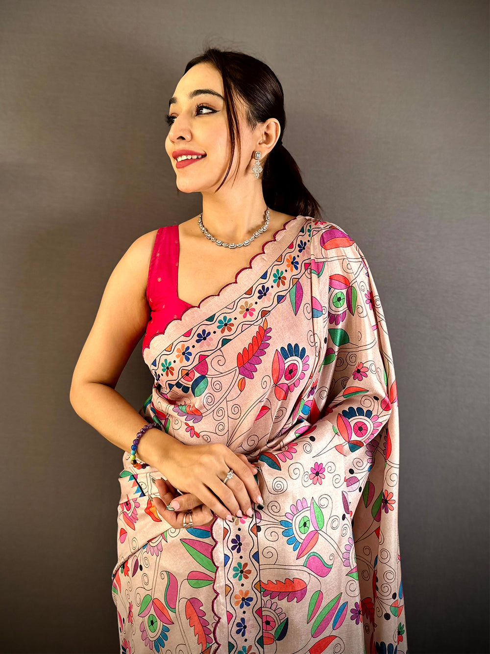 Blush Pink Soft Silk Saree with Multicolor Madhubani Print & Scallop Border