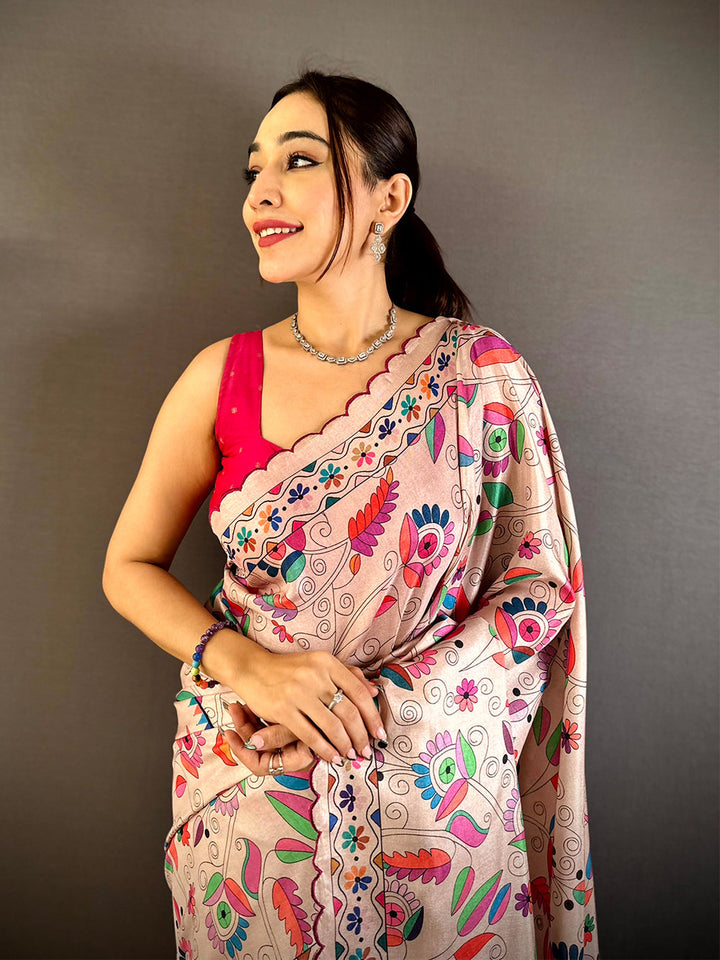 Blush Pink Soft Silk Saree with Multicolor Madhubani Print & Scallop Border