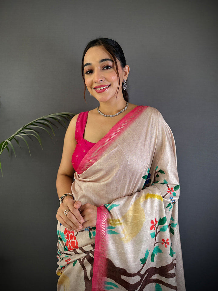 Blush Pink Soft Silk Saree with Multicolor Madhubani Print & Scallop Border