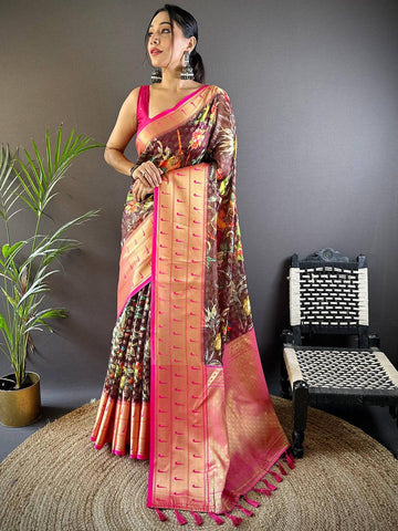 Pink Soft Silk Saree with Multicolor Floral Digital Print & Gold Zari Border