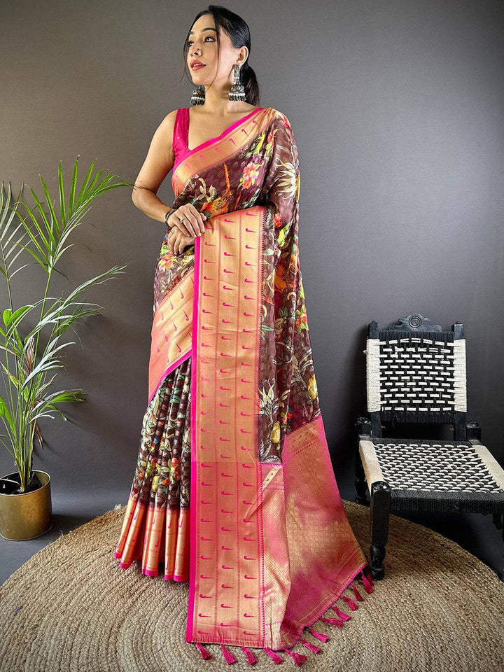 Pink Soft Silk Saree with Multicolor Floral Digital Print & Gold Zari Border