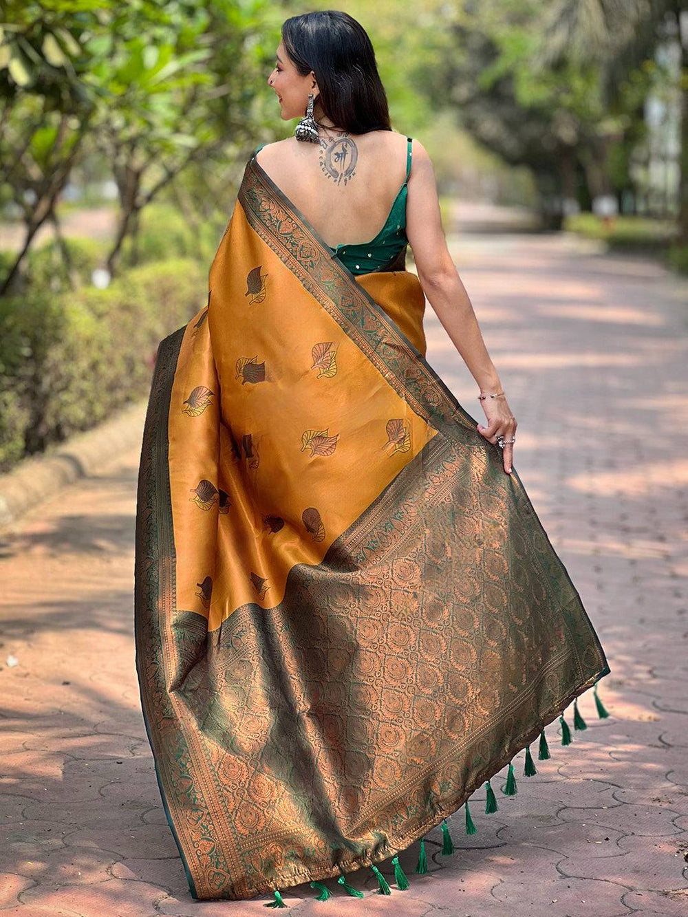 Mustard Yellow Banarasi Silk Saree with Green Zari Border & Leaf Motifs