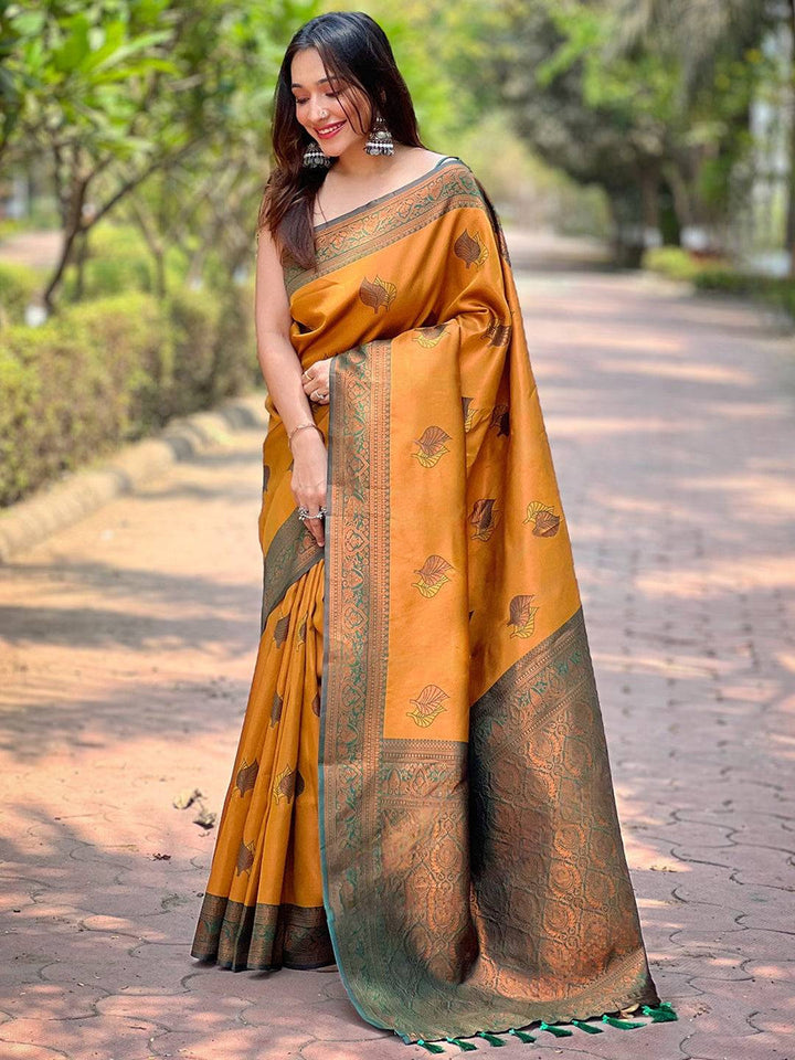 Mustard Yellow Banarasi Silk Saree with Green Zari Border & Leaf Motifs