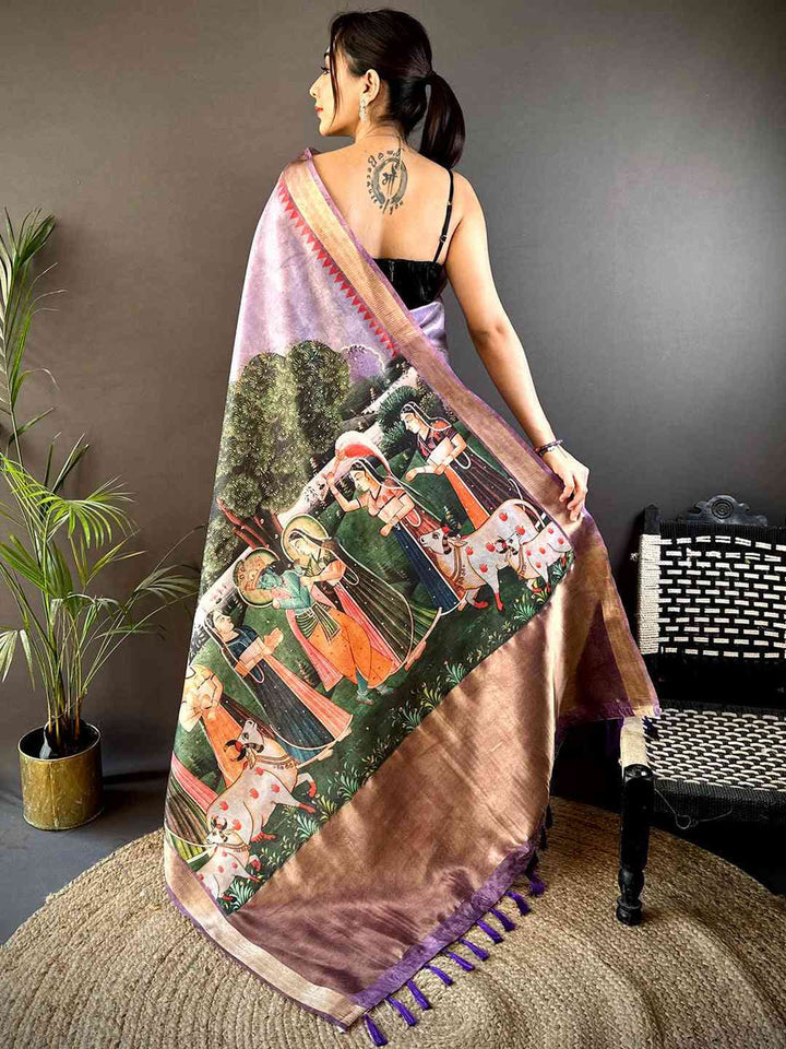 Lavender Soft Silk Saree with Royal Mughal Art Print & Contrast Border
