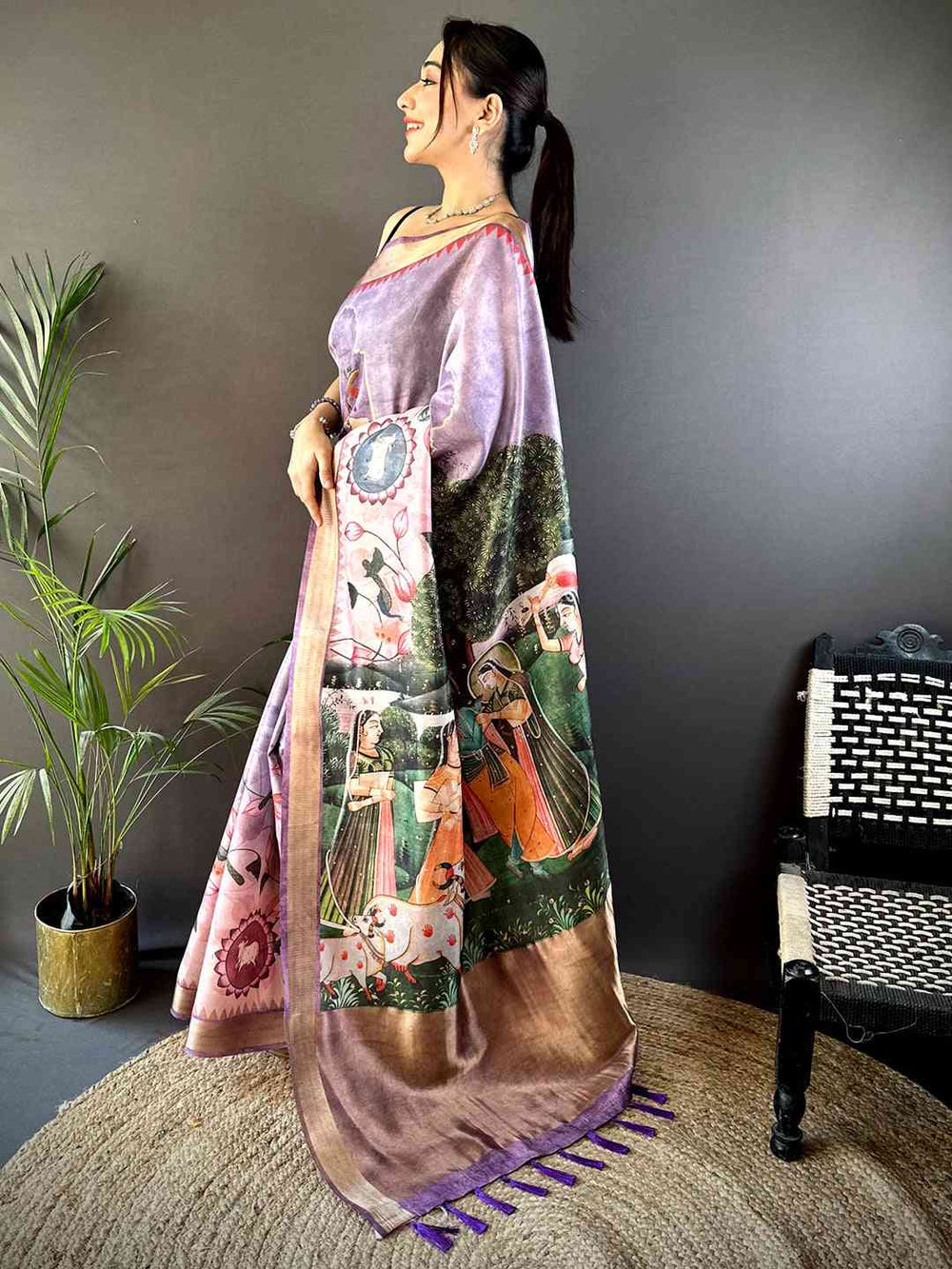Lavender Soft Silk Saree with Royal Mughal Art Print & Contrast Border