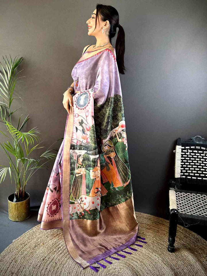 Lavender Soft Silk Saree with Royal Mughal Art Print & Contrast Border