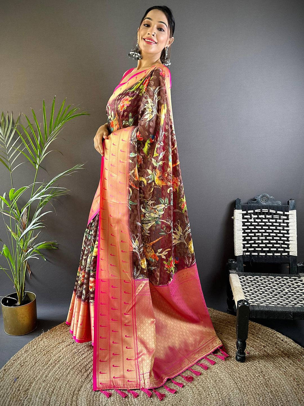 Pink Soft Silk Saree with Multicolor Floral Digital Print & Gold Zari Border