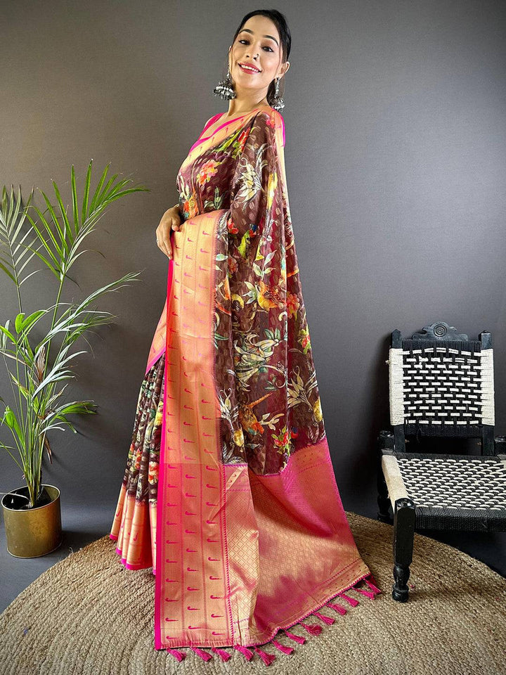 Pink Soft Silk Saree with Multicolor Floral Digital Print & Gold Zari Border