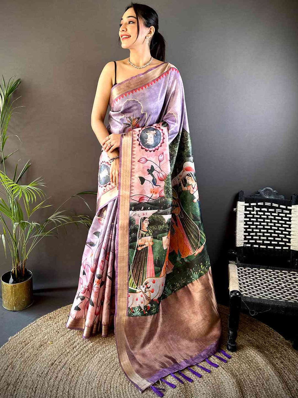Lavender Soft Silk Saree with Royal Mughal Art Print & Contrast Border