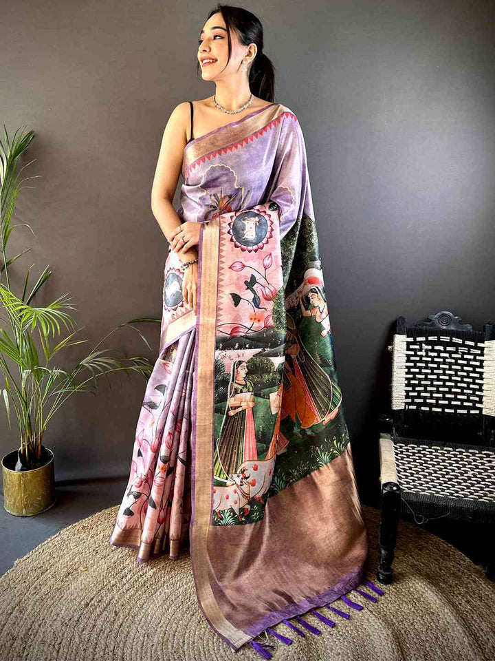 Lavender Soft Silk Saree with Royal Mughal Art Print & Contrast Border