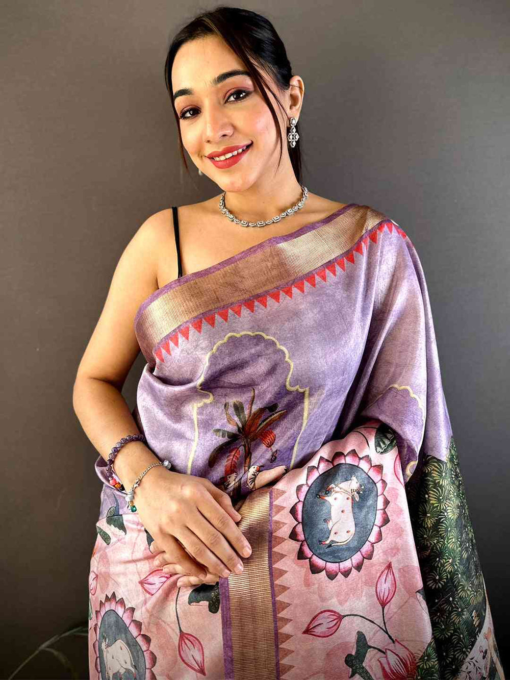 Lavender Soft Silk Saree with Royal Mughal Art Print & Contrast Border