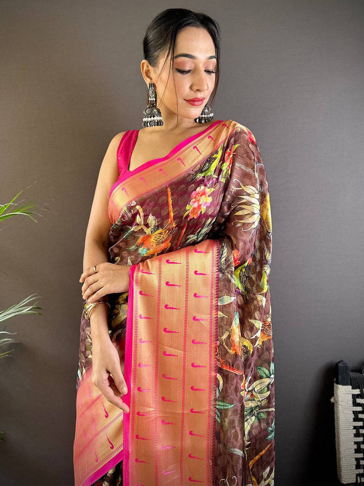 Pink Soft Silk Saree with Multicolor Floral Digital Print & Gold Zari Border