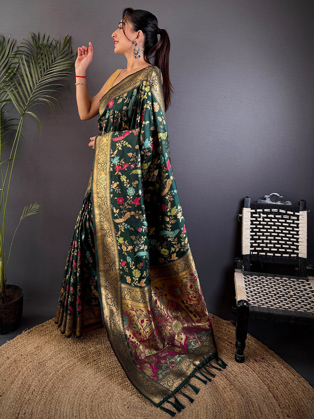 Dark Green Banarasi Silk Saree with Rich Zari Weaving & Floral Jaal