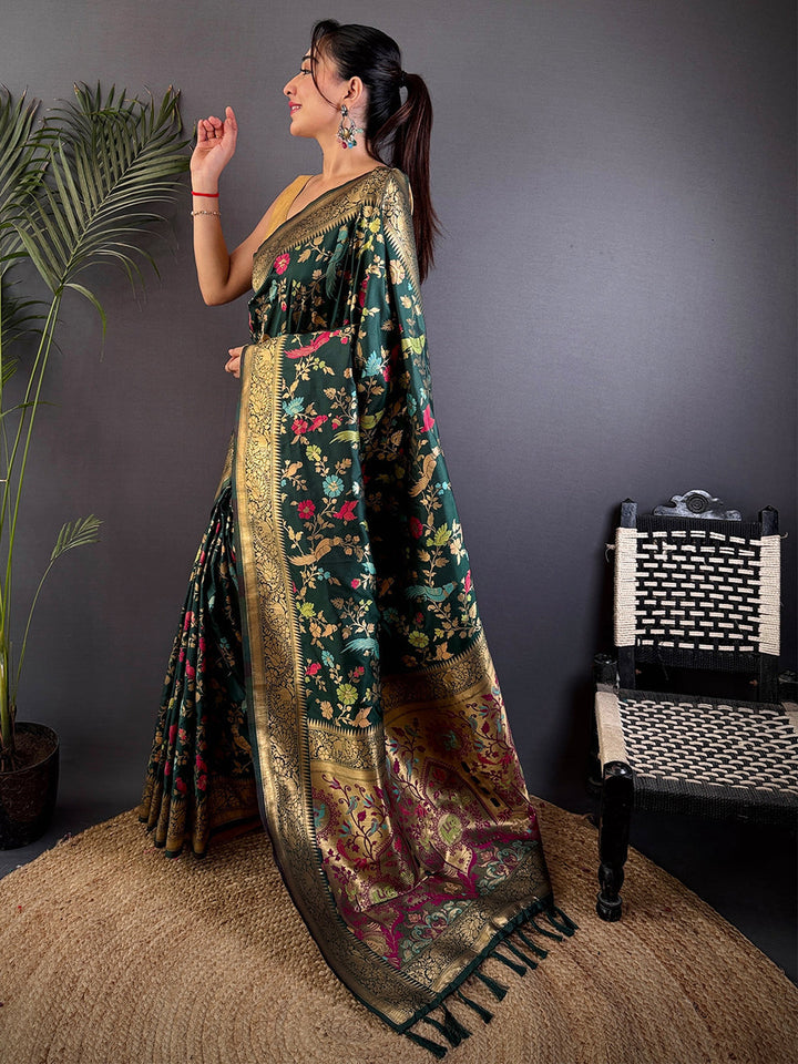 Dark Green Banarasi Silk Saree with Rich Zari Weaving & Floral Jaal